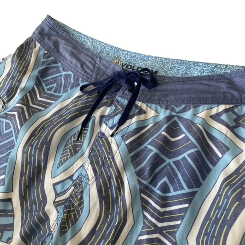 Volcom Blue and White Flat Front Board Shorts - Size 34